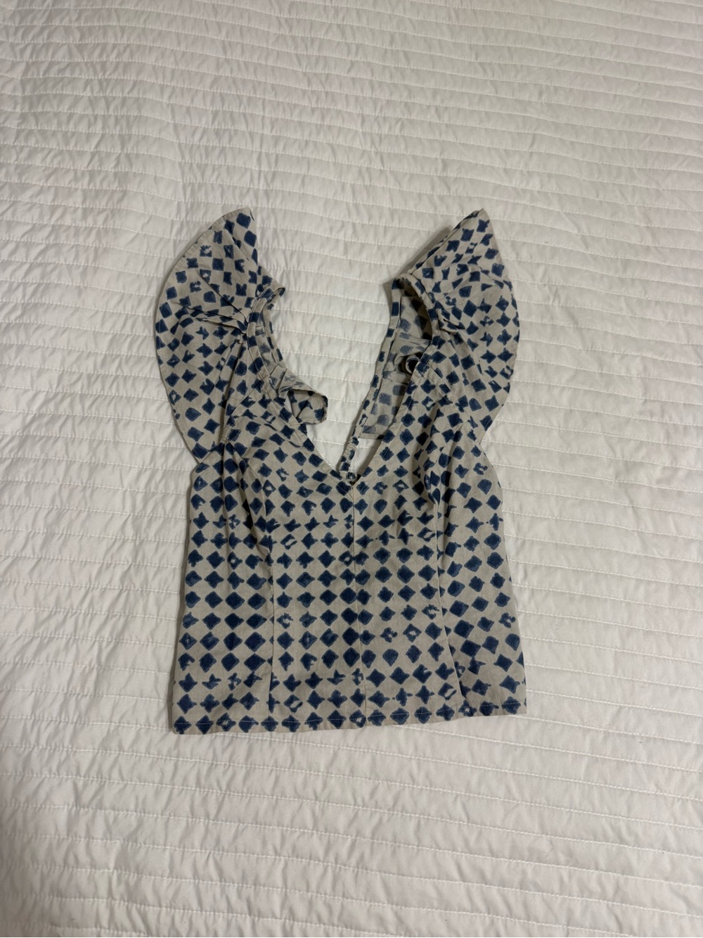 Madewell Cream and Blue Diamond-Print Ruffle Camisole